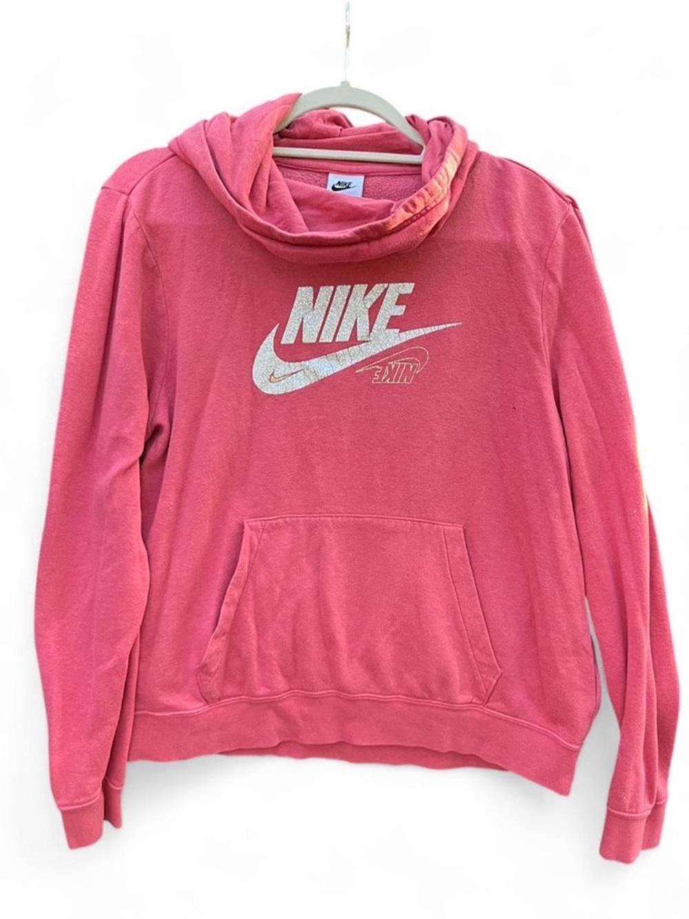 Nike Cowl Neck Pink Y2K White Label Hoodie | Pink/Salmon Glitter Logo